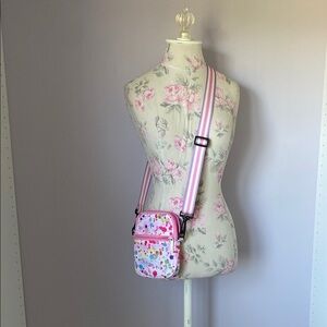 Pink and White Floral Crossbody Bag with Adjustable Strap